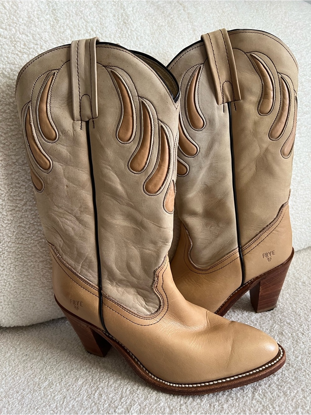FRYE Two-Tone Beige & Tan Leather Cowboy Boots